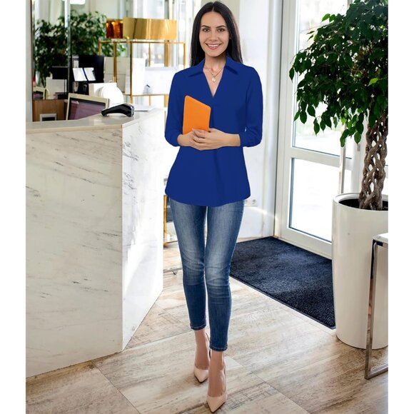 Women Blue Work Blouse Collared V Neck Shirt Loose Fit Top Public Occasion - Picture 6 of 6